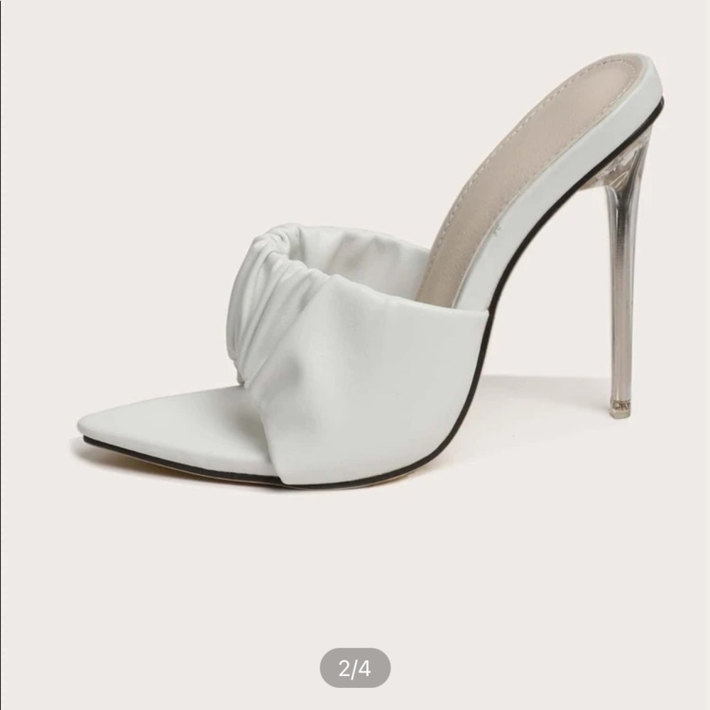 White stiletto open toe mules